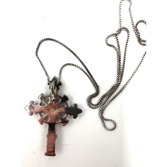 Unisex Silver Fleur-De-Lis Cross 1.75" Pendant Necklace 18" 925 Box Chain Vtg - Picture 6 of 8